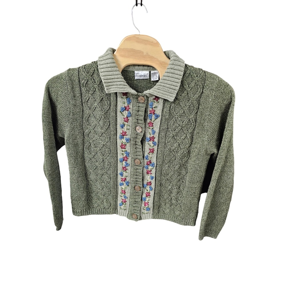 Fashion Bug Green Cable Knit Embroidered Floral Cardigan L cottage grandma